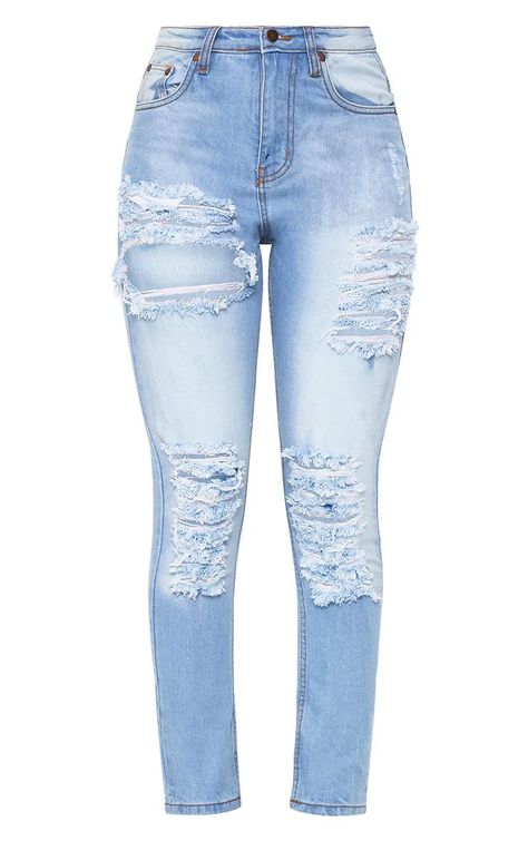 Pretty Little Thing light wash ripped straight leg jean - CosmopolitanUK Food Clay, Pretty Pants, Cute Ripped Jeans, Clay Kawaii, Light Wash Ripped Jeans, Korean Jeans, Drawstring Jeans, Ripped Jeggings, Ripped Knee Jeans