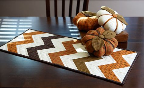 Chevron Table Runner & Pumpkins Thimble Blossoms, Stuffed Pumpkins, Chevron Table Runners, Chevron Table, Halloween Table Runners, Fall Sewing, Fall Table Runners, Quilted Table Toppers, Autumn Table