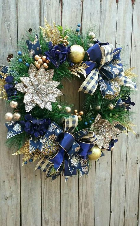 Christmas Wreath Indoor, Navy Blue And Gold Christmas, Silver Wreaths, Christmas Wreaths Indoor, Blue Christmas Wreath, Winter Door Wreath, Blue And Gold Christmas, Gold Holiday Decor, Blue Christmas Tree Decorations