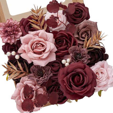 PRICES MAY VARY. Artificial Flowers for Diverse Needs- This lively burgundy pink flower box could be the most helpful participator for your wedding, available for bouquets, cake flower, centerpiece, chair and arch decor, garland, etc. Also can be home decor for vase, table decor, events or party decoration, baby shower. Each flower has a bendable stem at the bottom, making them easy to work with, perfect for DIY and crafts. Burgundy Flower Box Details- Dusty Pink Silk Roses*2, Burgundy Silk Rose Burgundy Dusty Rose Bouquet, Mauve Flowers Wedding, Maroon Floral Arrangements, Wine Colored Flowers, Burgundy And Gold Wedding Decorations, Burgundy Bridal Shower Ideas, Burgundy Dusty Rose Wedding, Burgundy Blush And Gold Wedding, Wedding Flowers Fake