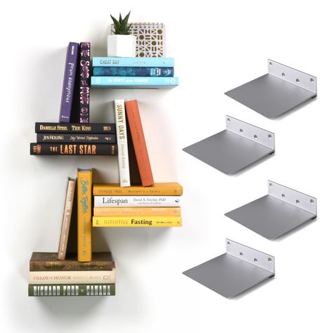 PRICES MAY VARY. Invisible Bookshelf: Transform your Hardcover Books into Floating Shelves, Create the Illusion of Books Floating on the Wall Slim Profile: Allows you to use A Single Book to Create a Shelf With a Concealed Bracket Multiple Uses: Not only for Books! Showcase your Favourite Toys, Art works, Plants, etc. Heavy Duty: Unibody Aluminum Construction, each bookshelf can support up to 15 lbs of books; Size: 5" x 4.5" x 1.5" Easy Installation: Self Drilling Drywall Anchors and Screws Incl Invisible Book Shelf Ideas, Single Book Shelf On Wall, Bookshelves Wall Mounted, Floating Book Wall, Books As Shelves, Invisible Bookshelf Wall, Invisible Book Shelves, Book Shelf On Wall Ideas, Wall Shelves For Bedroom