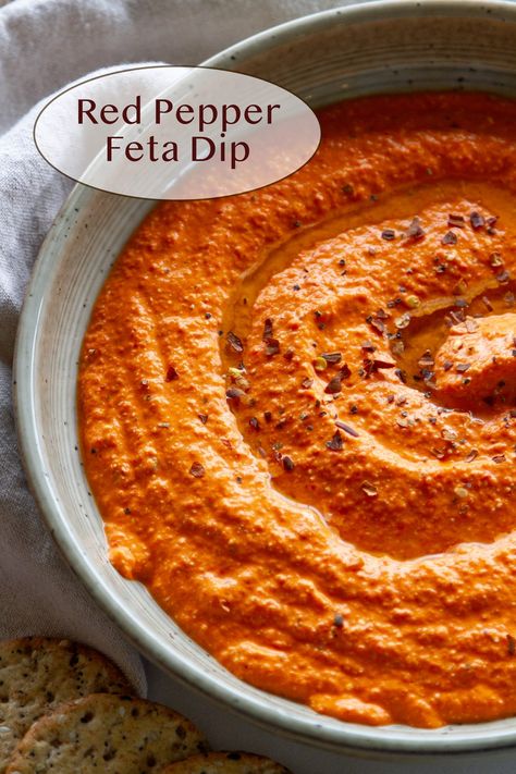 Roasted Red Pepper Feta Dip, Red Pepper And Feta Dip, Red Food Party, Red Pepper Feta Dip, Spice Combos, Dip With Crackers, Cheese Ball Dip, Roasted Red Pepper Dip, Red Pepper Dip