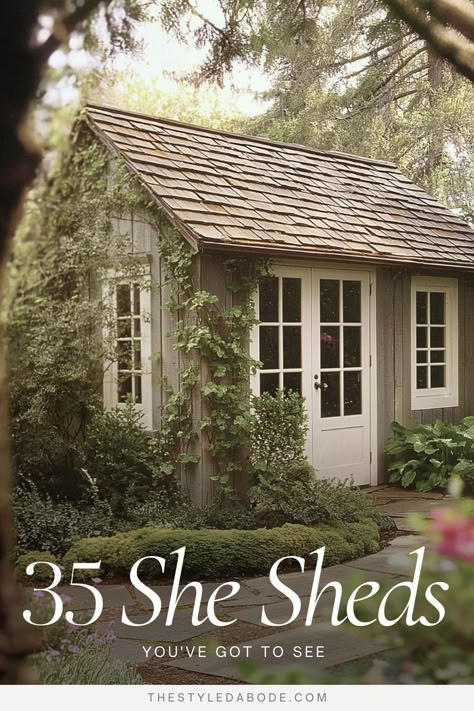 cottage style shed House And Shed Colors, Small House In Backyard, Cottage Style She Shed, Garden Workshop Interior, Cottage She Shed Interior, English Cottage Garden Shed, Inside Garden Shed Ideas, Pretty Garden Sheds, Rustic Potting Shed