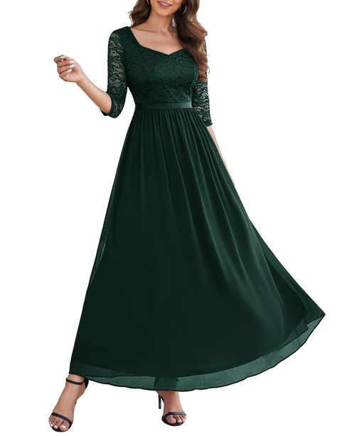 PRICES MAY VARY. Women's Bridesmaid Dress: 94% Nylon, 6% Spandex, lining: 100% Polyester. The floral top of see-through soft lace, breathable to wear. The lower part with lining, bring you a comfortable feeling. Wedding Guest Dress：3/4 sleeve, empire waist, floor length. The long sleeves of this formal dress can modify the arm. The sweetheart neckline cocktail dress highlights your clavicle, showing your charm. Concealed back zipper for easy wear. Great Choice for Many Occasions: Perfect for mot Green Modest Prom Dress, Winter Bridesmaid Dresses Sleeves, Dark Green Lace Dress, Winter Bridesmaids, Modest Formal Dresses, Winter Bridesmaid Dresses, Womens Bridesmaid Dresses, Bridesmaid Dresses With Sleeves, Green Lace Dresses