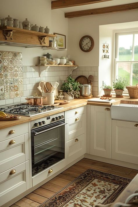 Kitchen Ideas Cream Color, French Style Kitchen Design, Kitchen Decor Classic, Cottagecore Modern Kitchen, Vintage White Cabinets Kitchen, White Vintage Kitchen Ideas, White Kitchen Timeless, Italian Modern Kitchen Design, Classic Country Kitchen