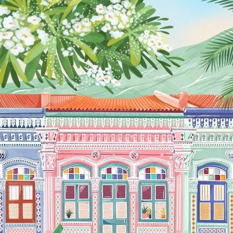 Simply, Katy on Instagram: "This travel print is inspired by the colourful Peranakan houses in Singapore 💕🌷☀️ • This piece was a struggle for me.. I have probably spent way to long working on it, but I just didn’t want to give up on it. 🫶 I tried my best to push through, and I’m so glad I did." Peranakan House, Singapore Illustration, Peranakan Design, Simply Katy, Singapore Design, Tiled Quilt, Singapore Art, Singapore City, I Tried My Best