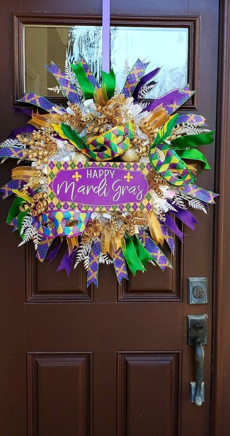 Mardi Gras Wreaths For Front Door, Mardi Gras Wreaths, Starfish Wreath, White Tinsel, Ribbon Streamers, Mardi Gras Crafts, Mardi Gras Wreath, Harlequin Pattern, Wreath Hanger