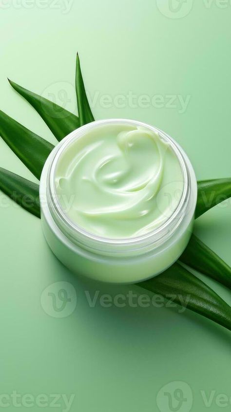 Aloe vera cosmetic cream with green leaf on green background. AI generated Green Cream, Green Leaf, Green Background, Green Backgrounds, Green Leaves, Aloe Vera, Digital Art, Cream, Green