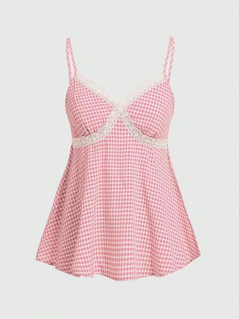 Pink Casual Collar  Fabric Colorblock,Gingham,Plaid Cami Embellished Non-Stretch  Women Clothing Red Coquette Fashion, Strawberry Outfit Aesthetic, Romanticize Autumn, Babydoll Top Outfit, Romwe Outfit, Autumn Tops, Top School, Red Tops, Rose Bonbon