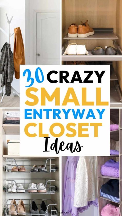 Tiny Entryway Closet Ideas, Small Closet Turned Into Mudroom, Small Hallway Closet Ideas, Front Closet Makeover Entryway, Tiny Hall Closet, Small Hall Closet Organization, Small Entry Closet Makeover, Hall Closet Storage, Narrow Coat Closet