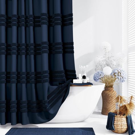 Navy Shower Curtain Bathroom, Dark Blue Shower Curtain, Navy Blue And White Bathroom Decor Ideas, Navy Gold Bathroom, Blue Bathroom Decor Ideas, Navy Blue And White Bathroom, Navy Blue Bathroom Decor, Navy Blue Shower Curtain, Neutral Shower Curtains