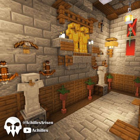 Minecraft Medieval Armorer, Castle Decor Minecraft, Minecraft Rooms In Game, Minecraft Guild Hall Interior, Armor Room Minecraft Ideas, Minecraft Smithing Room Ideas, Armour Shop Minecraft, Castle Decorations Minecraft, Minecraft Anvil Room