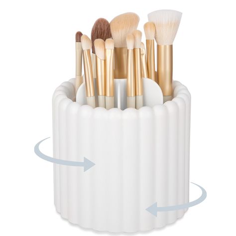 PRICES MAY VARY. REMOVABLE COMPARTMENTS: Makeup brushes holder organizer is equipped with 7 divider slots, allowing you to store different types of makeup brushes separately, making it easy for you to quickly find the brushes you need according to your needs, and its compartments are removable, so that you can place any makeup tools according to your needs. SMOOTH ROTATION: The rotating base does not touch the countertop(0.35 inches above the countertop), and there are four non-slip rubber pads Cute Organizers For Makeup, Makeup Brushes Organizer, Make Up Containers, Makeup Brush Cup, Skin Care Organization Bedroom, Cute Storage Containers, Small Makeup Organizer, Makeup Brushes Organization, Makeup Brush Holder Ideas