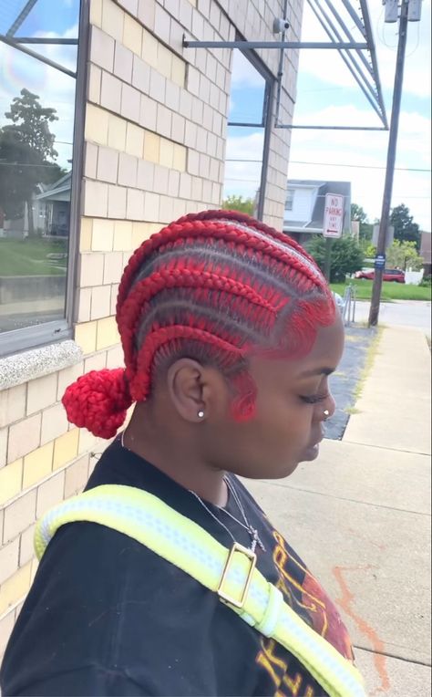 Red Feed In Braids Cornrows, Burgundy Feed In Braids, Red Straight Back Braids, Red Feed In Braids, Red Stitch Braids, Red Quick Weave Hairstyles, Feedin Braids Ponytail, Red Cornrows, Red Hair And Tattoos