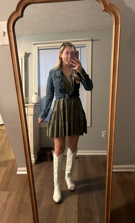 #teacherstyle #springoutfit #boots #kindergartenteacher #ootd #teacherootd #fashion #cowgirlfashion #outfitideas #teacher Teacher Outfits With Boots, Teacher Cowgirl Outfit, Western Outfits Women Teacher, Cowboy Boots Outfit Modest, Brown Western Knee-high Boots For Spring, Rain Boot Outfit, Teacher Ootd, Cowgirl Boots Outfit, Teacher Outfit