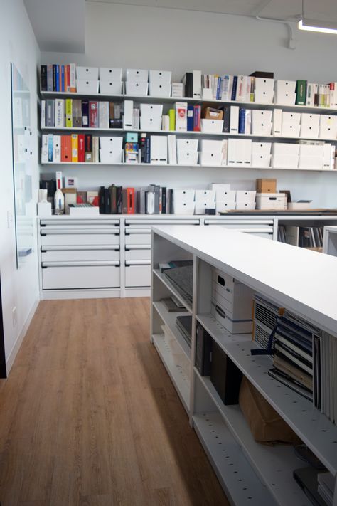 We love an organized workspace! From shelving and drawers, to custom tables, we can do it all - we're the Storage Experts! Design Sample Organization, We Work Office, Library Storage, Organized Workspace, Sample Library, Showroom Inspiration, Startup Office, Design Studio Office, Custom Tables