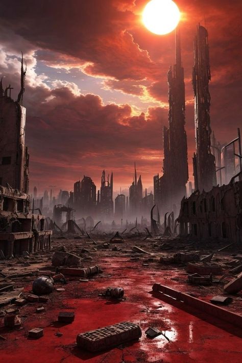 Ruin City Fantasy Art, Apocalyptic City Art, Apocalypse City Art, Burnt Down City, City Ruins Aesthetic, Burning City Aesthetic, Post Apocalyptic City Art, Fantasy Ruined City, Ruined City Aesthetic