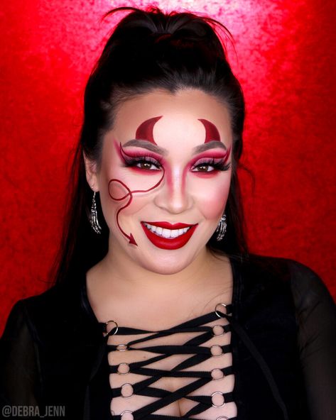 Devil Horn Makeup, Cute Devil Makeup Halloween, Glam Devil Makeup, Devil Glam Makeup, Devil Makeup Simple, Kids Devil Makeup, Makeup Diable, Devil Make Up Halloween, Devil Makeup Halloween Easy