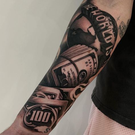 Money Tattoos For Men, 100 Dollar Bill Tattoo, Money Tattoos, Money Lover, Money Rose Tattoo, Money Bag Tattoo, Cool Money, Dollar Tattoo, Houston Tattoos