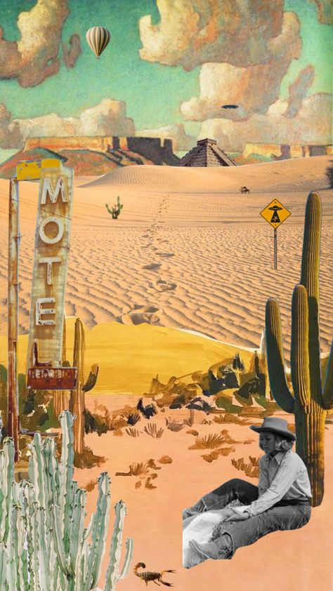 #desert #cowboy #cactus #vintage Desert Collage Art, Desert Poster Design, Vintage Texas Aesthetic, Retro Desert Aesthetic, California Cowboy Aesthetic, 70s Cowboy Aesthetic, California Desert Aesthetic, Vintage Desert Aesthetic, Desert Graphic Design