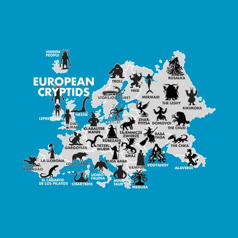 Map of Cryptids in Europe - Cryptids - T-Shirt | TeePublic Cryptidcore Aesthetic, Myths & Monsters, Art Journal Therapy, Baba Yaga, Loch Ness, Interesting History, Gods And Goddesses, Kids Magnets, Phone Case Stickers