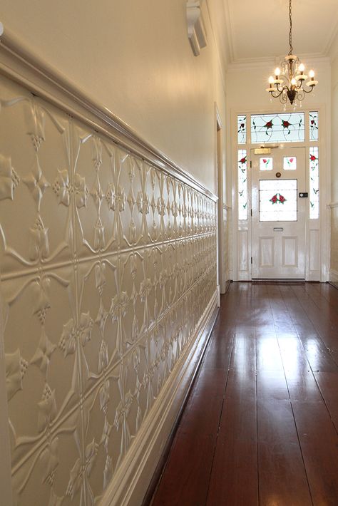 Pressed metal wall feature Hallway Panelling Ideas, Tin Wainscoting, Pressed Tin Ceiling, Wainscoting Stairs, Wainscoting Styles, Metal Wall Panel, Pressed Tin, Wall Feature, Pressed Metal