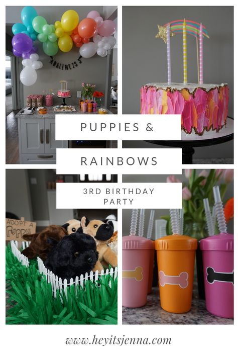 We threw Addy a puppies and rainbow party for her third birthday, complete with a puppy adoption activity and a rainbow balloon garland. Pin this to your party boards for reference, and head to the post for more photos! #rainbowparty #puppyparty #puppyadoption #adoptapuppy #wiltoncake #wilton #balloonarch #balloongarland #replayrecycled #rainbowthemedparty #3rdbirthday Rainbow Puppy Birthday Party, Adopt A Puppy Party, Rainbow Balloon Garland, Party Boards, Rainbow Balloon Arch, Hot Dog Bar, Puppy Birthday Parties, Rainbow Theme Party, Rainbow Parties