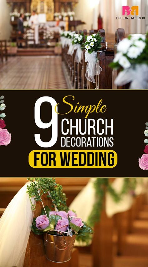 Simple Wedding Decorations Ceremony, Decor For Church Wedding, Wedding Altar Ideas Church, Wedding Chapel Decorations Alter, Small Wedding Chapel Decor, Decorating Pews For Wedding, Wedding Wreaths For Door Church, Simple Wedding Chapel Decorations, Decorating A Church For A Wedding