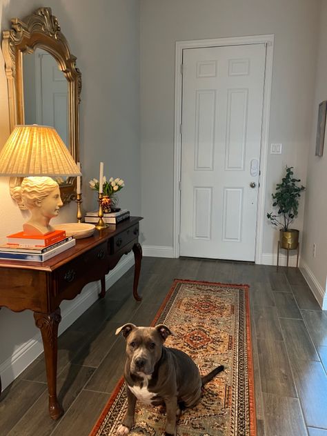 Maximalism Entryway, Vintage Mirror Entryway, Vintage Inspired Entryway, Thrifted Entryway, Vintage Entryway Ideas, Entryway Aesthetic, Entry Table With Mirror, Entryway Apartment, Pitbull Aesthetic