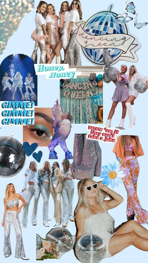 MAMMA MIA BACH PARTY Mamma Mia Karaoke Party, Momma Mia Inspired Outfits, Mamma Mia Party Theme Outfits, Mamma Mia Disco Aesthetic, Mama Mia Hens Party, Abba Hens Party, Mama Mia Aesthetic Bachelorette Party, Mamma Mia Disco Bachelorette Party, Mamma Mia Shes Getting Married