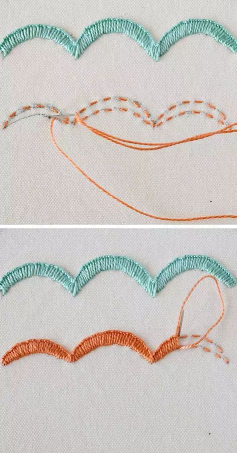 Scallop stitch Scallop Stitch, Scallop Embroidery, Blanket Stitches, Basic Hand Embroidery Stitches, Embroidery Border, Embroidery Online, Visible Mending, Embroidery Flowers Pattern, Origami Crafts Diy