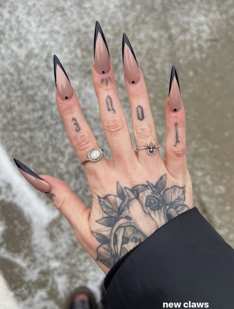 Goth Chic Nails, Witch Nail Art Goth, Almond Witch Nails, Matte Stiletto Nails Design, Fall Stilleto Nails Long, Spooky Black Nails, Fall Goth Nails, Black Nail Designs Halloween, Alternative Nails Acrylic