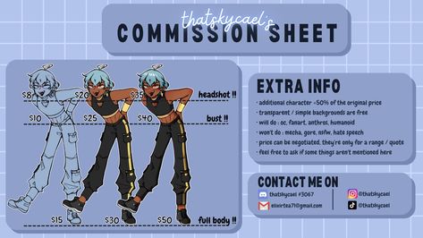 Art Commission Sheet Ideas, Character Commission Sheet, Commission Sheet Example, Art Commision Sheet, Art Commision Sheet Template, Comissions Art Prices Template, Commission Prices Sheet, Art Comissions Template, Carrd Inspo Commission