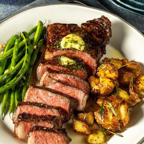 New York Strip Steak Dinner Ideas, New York Steak Recipes, Roasted Potatoes And Green Beans, Herb Compound Butter, Steak Sides, Crispy Roasted Potatoes, New York Strip Steak, Strip Steak Recipe, Butcher Box