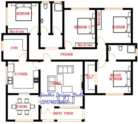 Amazing four bedroomed bungalow... - Gandhii Designs Studio 3 Bedroom Bungalow Floor Plans, Bungalow Layout, Small House Design Floor Plan, 5 Bedroom Bungalow, One Floor House Plans, Bungalow House Floor Plans, Memory Quotes, Plan Architecture, Modern House Floor Plans