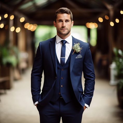 groom suit • Instagram Blue Navy Suit Men Wedding, Men In Blue Suits For Wedding, Navy Blue Wedding Tuxedo Groom Suits, Navy Wedding Groom, Navy And Black Groom, Wedding Groom Hairstyle, Blue Wedding Theme Suits, Navy Suit With Vest Wedding, Navy Mens Wedding Attire