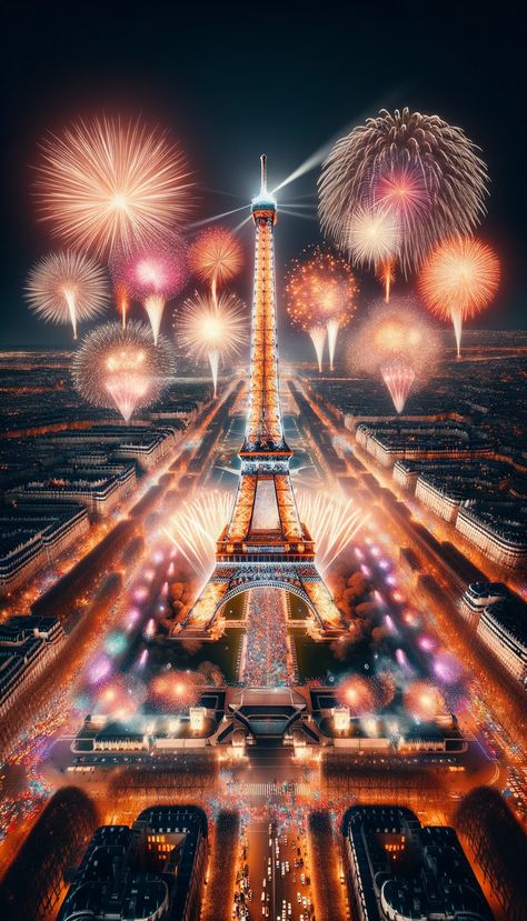 An overhead view of the Eiffel Tower illuminated in golden light, with multi-colored fireworks bursting in the night sky. Surrounding streets and buildings are lit up, with streams of cars and crowds of people visible below. Paris Photography Eiffel Tower Wallpaper, Paris New Years Eve, New Year's Eve Wallpaper, Eve Wallpaper, Paris Photography Eiffel Tower, Eiffel Tower Lights, Paris Photoshoot, Fireworks Background, 2024 Olympics