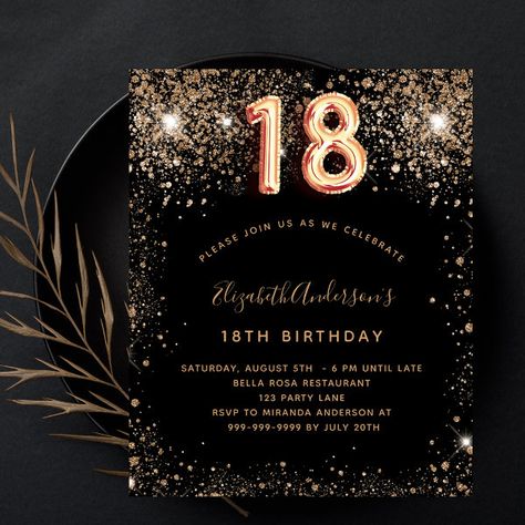 Budget 18th birthday black gold glitter invitation 18th Birthday Invites, Black And Gold Invitations, Unique Birthday Invitations, 18th Birthday Party Themes, Debut Invitation, Birthday Invitation Card Template, 18th Birthday Cards, Invitation Flyer, Glitter Invitations