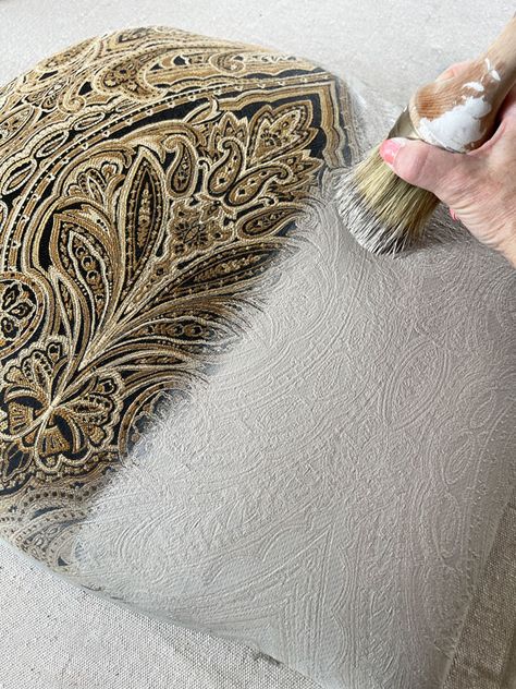 How to Paint Fabric using Chalk Paint How To Paint Fabric With Chalk Paint, Fabric Paint Furniture Upholstery, Furniture Fabric Paint, Painting Apolstry Fabrics, Fabric Paint For Upholstery, Can You Paint Fabric, Painting Fabric Furniture Diy, Painting Chair Fabric Upholstery, Chalk Paint On Fabric