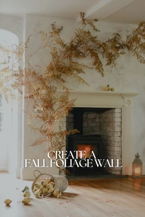 Collect bracken and red berries and celebrate fall with a dramatic display around a fireplace, across a mantel, or along a wall – from floral designer Brigitte Girling  Image credit: Brigitte Girling Fireplace Display Ideas, Fall Arrangements Floral Design, Pumpkin Fireplace, Floral Wall Installation, Mantel Floral Arrangements, Thanksgiving Florals, Fall Decor Mantle, Thanksgiving Mantle Decor, Fireplace Install