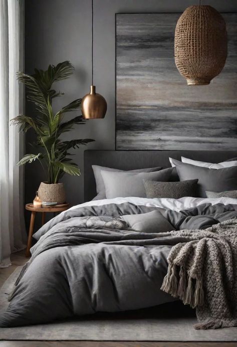 47 Stunning Grey Bedroom Ideas for An Elegant Bedroom Design 24 Neutrals And Grey Bedroom, Bedroom Corner Bed Ideas, Neutral Grey Bedroom Ideas, Grey Bedroom Aesthetic Ideas, Charcoal Gray Bedroom Ideas, Gray Colors For Bedrooms, Moody Bedroom Light Walls, Grey Platform Bedroom Ideas, Charcoal Bed Frame Bedroom Ideas