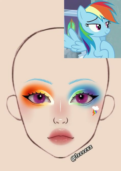 Video Game Inspired Makeup, Fluttershy Cosplay Makeup, Rainbow Dash Cosplay Makeup, Rainbow Dash Nails, Rarity Makeup, Pre Shower Makeup Ideas, Rainbow Dash Makeup, Character Makeup Looks, Mlp Makeup