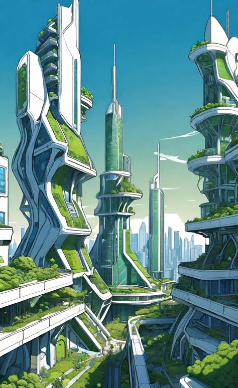 Green Building Design Concept, Future Buildings Architecture, Future Town Drawing, Futuristic Alien City, Futuristic Minecraft City, Arcology Concept Art, Solarpunk City Concept Art, Aetherpunk City, City Of The Future Drawing