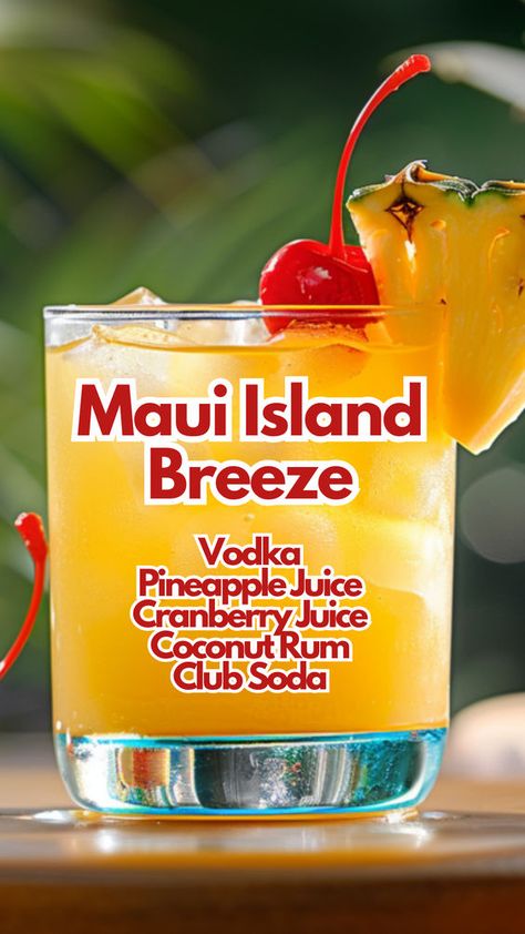 This refreshing drink blends vodka, cranberry juice, pineapple juice, and a hint of coconut rum, topped with a splash of club soda. It’s easy to make and even easier to enjoy, offering a taste of tropical paradise with every sip. #mauiislandbreeze #tropicalcocktail Coconut Rum Breeze, Tropical Drinks Recipes Alcohol, Coconut Rum Drinks Recipes, Club Soda Cocktails, Mojito Drinks, Club Drinks, Summer Drinks Alcohol Recipes, Coconut Rum Drinks, Vodka And Pineapple Juice