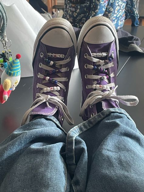 “Silly Clown” clown beads on purple converse!!! :) Converse Diy Beads, Colorful Converse Aesthetic, Purple Converse Aesthetic, Beads On Converse, Stephanie Brown Aesthetic, Purple Converse Outfit, Converse Beads, Kandi Shoes, Customize Converse