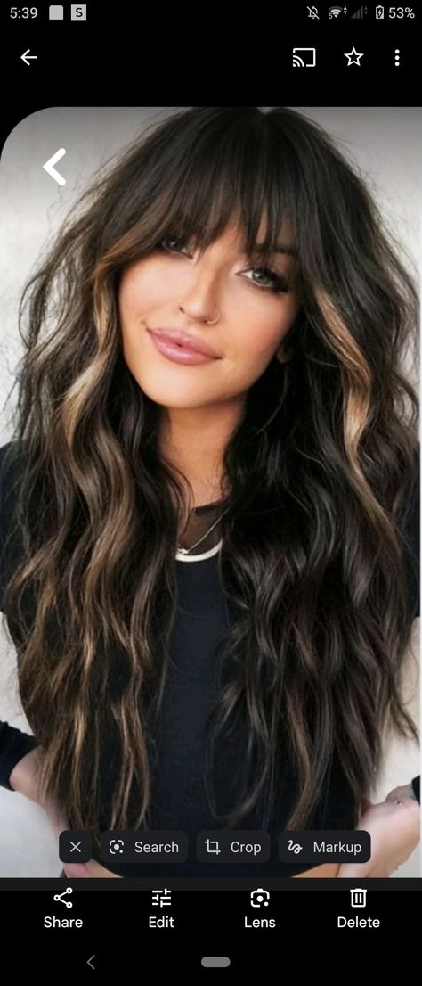 Dark Brown Hair With Bangs And Highlights, Peekaboo Brunette Hair, Long Brunette Hairstyles With Bangs, Balayage Hair Brunette With Bangs, Best Haircut For Thick Wavy Hair Medium, Dark Brown With Deminsion, Dark Colored Hair Ideas, Brunette Highlights With Bangs, Dark Hair Balayage With Bangs