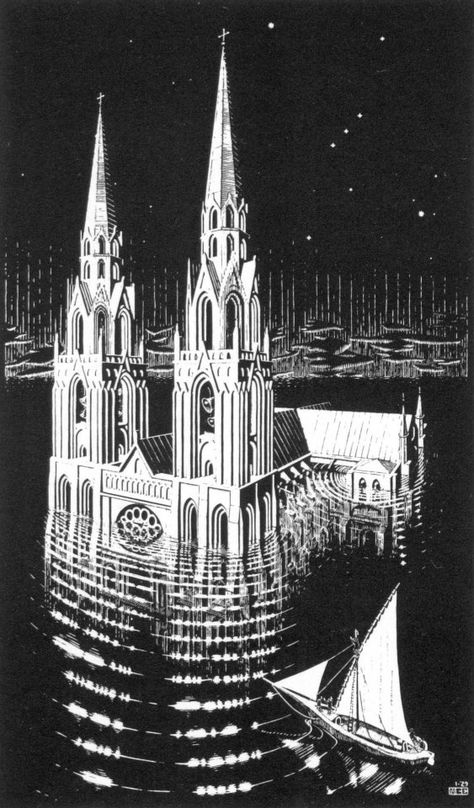 La Cathédrale Engloutie (The Drowned Cathedral).  January 1929  Woodcut Mc Escher Art, Escher Drawings, Escher Art, M C Escher, Van Der Straeten, Mc Escher, Hieronymus Bosch, Dutch Artists, Ex Libris