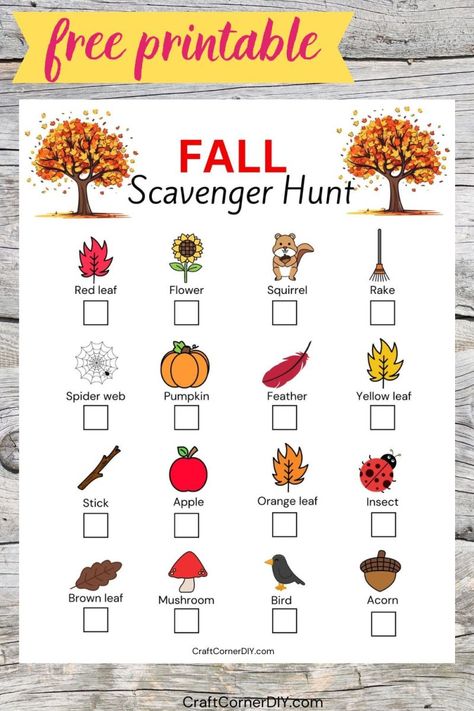 Fall scavenger hunt Fall Activity For Kids, Nature Walk Scavenger Hunt, Road Trip Scavenger Hunt, Fall Scavenger Hunt, Cub Scout Activities, Fall Backyard, Scavenger Hunt Games, Halloween Scavenger Hunt, Free Printable Crafts