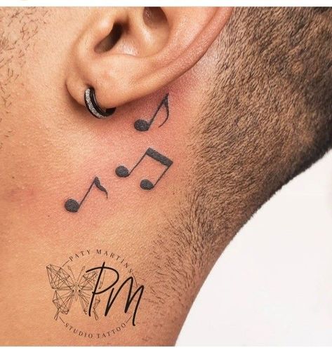 Music Neck Tattoo Men, Neck Tattoo Music, Music Neck Tattoo, Behind The Neck Tattoos, Owl Neck Tattoo, Small Music Tattoos, Behind Ear Tattoos, Music Notes Tattoo, Wrist Tattoo Ideas