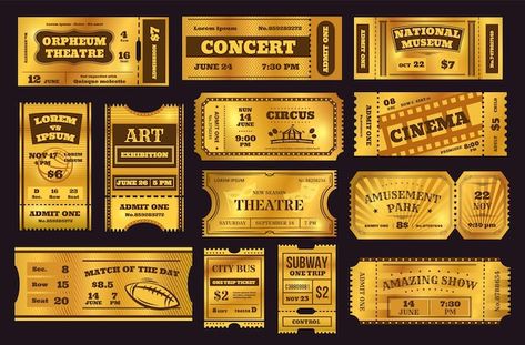 Golden tickets, old vintage coupons, pre... | Premium Vector #Freepik #vector #golden-ticket #movie-ticket #gold-ticket #cinema-ticket Amusement Park Entrance, Vintage Train Ticket, Gold Ticket, Vintage Tickets, Retro Cinema, Carnival Tickets, Park Entrance, Vintage Ticket, Cinema Ticket